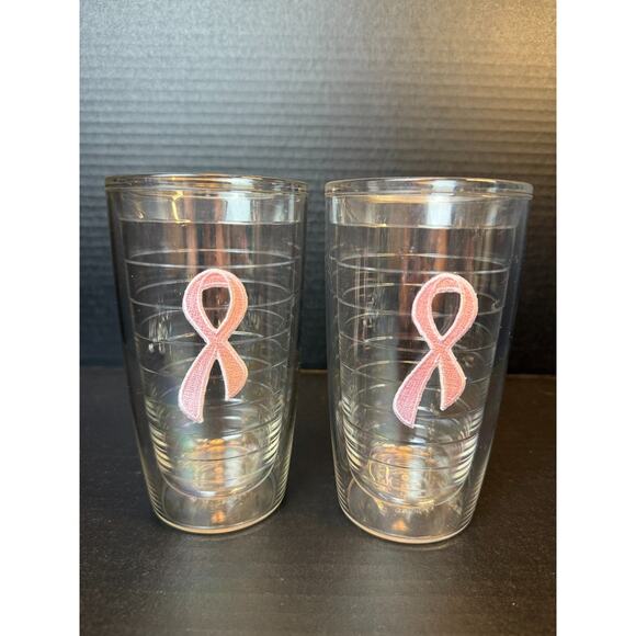 Tervis Pink Breast Cancer Awareness Ribbon Lot of 2 Tumblers 16 oz Insulated - Picture 1 of 9